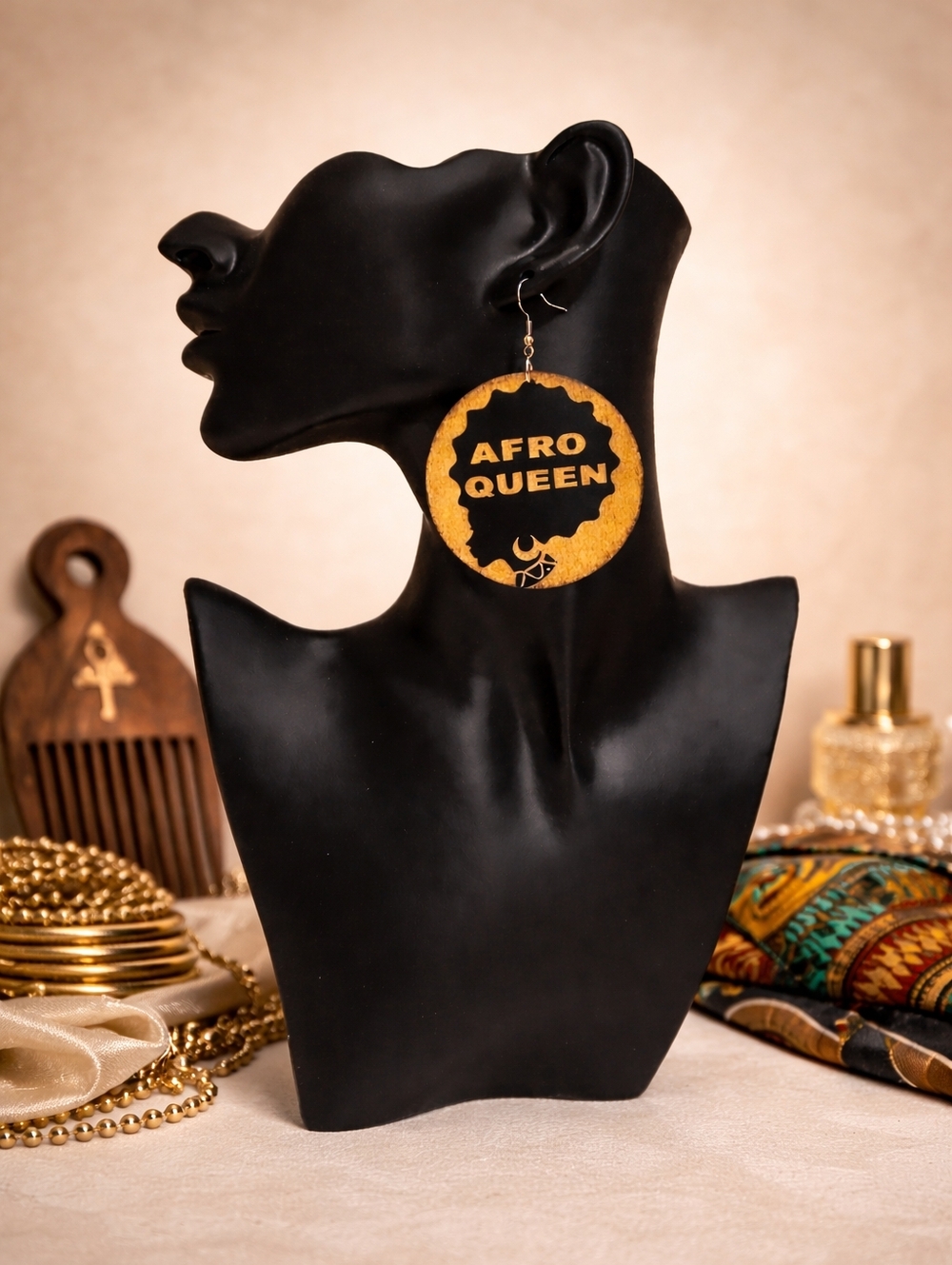 Afro Queen Drop Hook‎ Wooden Fashion Earrings